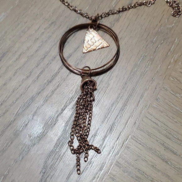 Pewter color large circle, drop chain long statement necklace - Picture 2 of 2